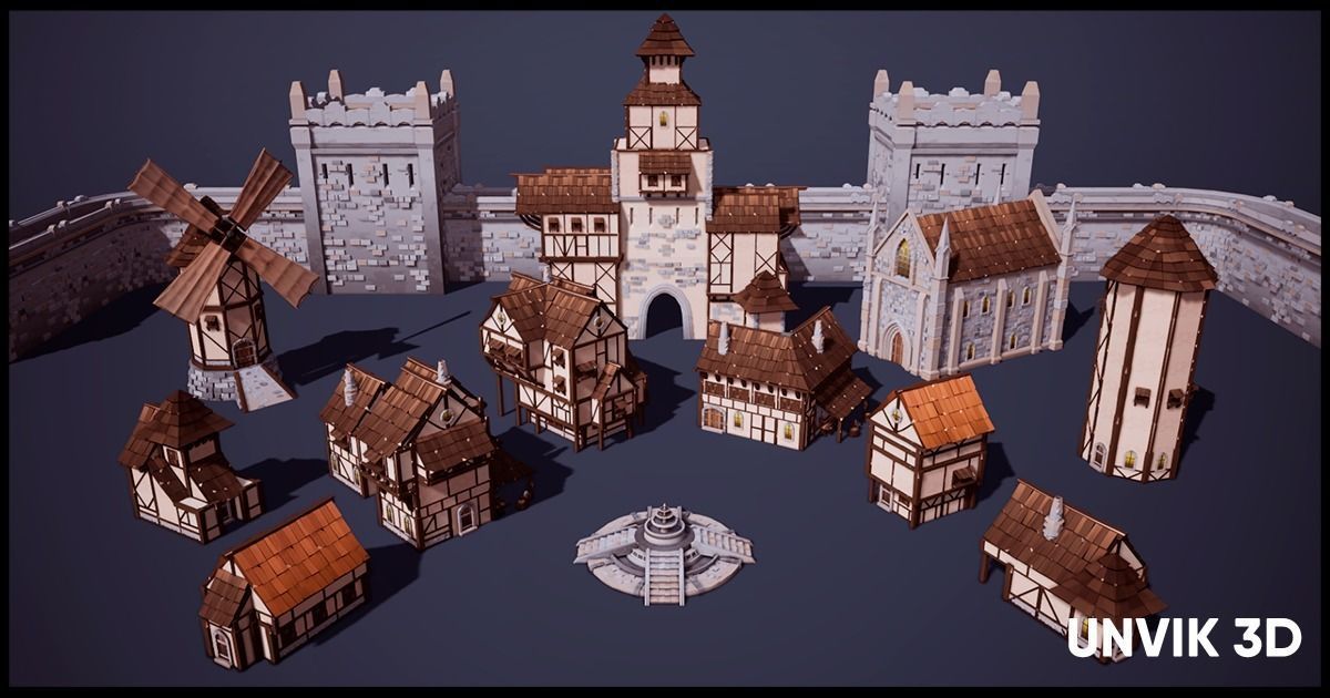 Low Poly Medieval Village - Modular Buildings Streets Markets Low-poly 3D model_2