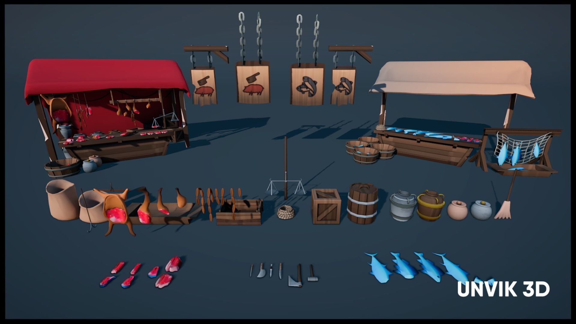 Low Poly Medieval Village - Modular Buildings Streets Markets Low-poly 3D model_8