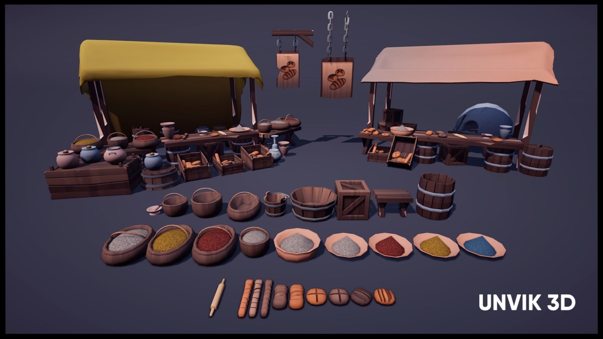 Low Poly Medieval Village - Modular Buildings Streets Markets Low-poly 3D model_6