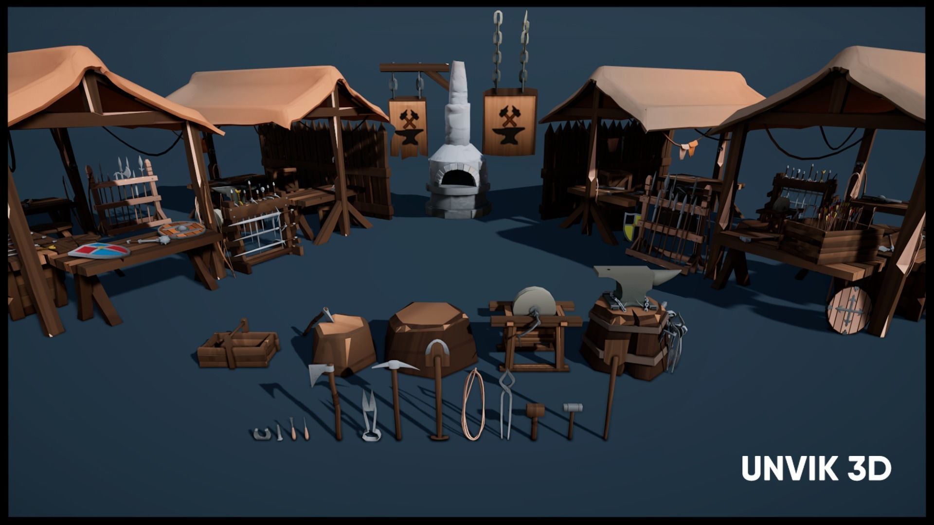 Low Poly Medieval Village - Modular Buildings Streets Markets Low-poly 3D model_7