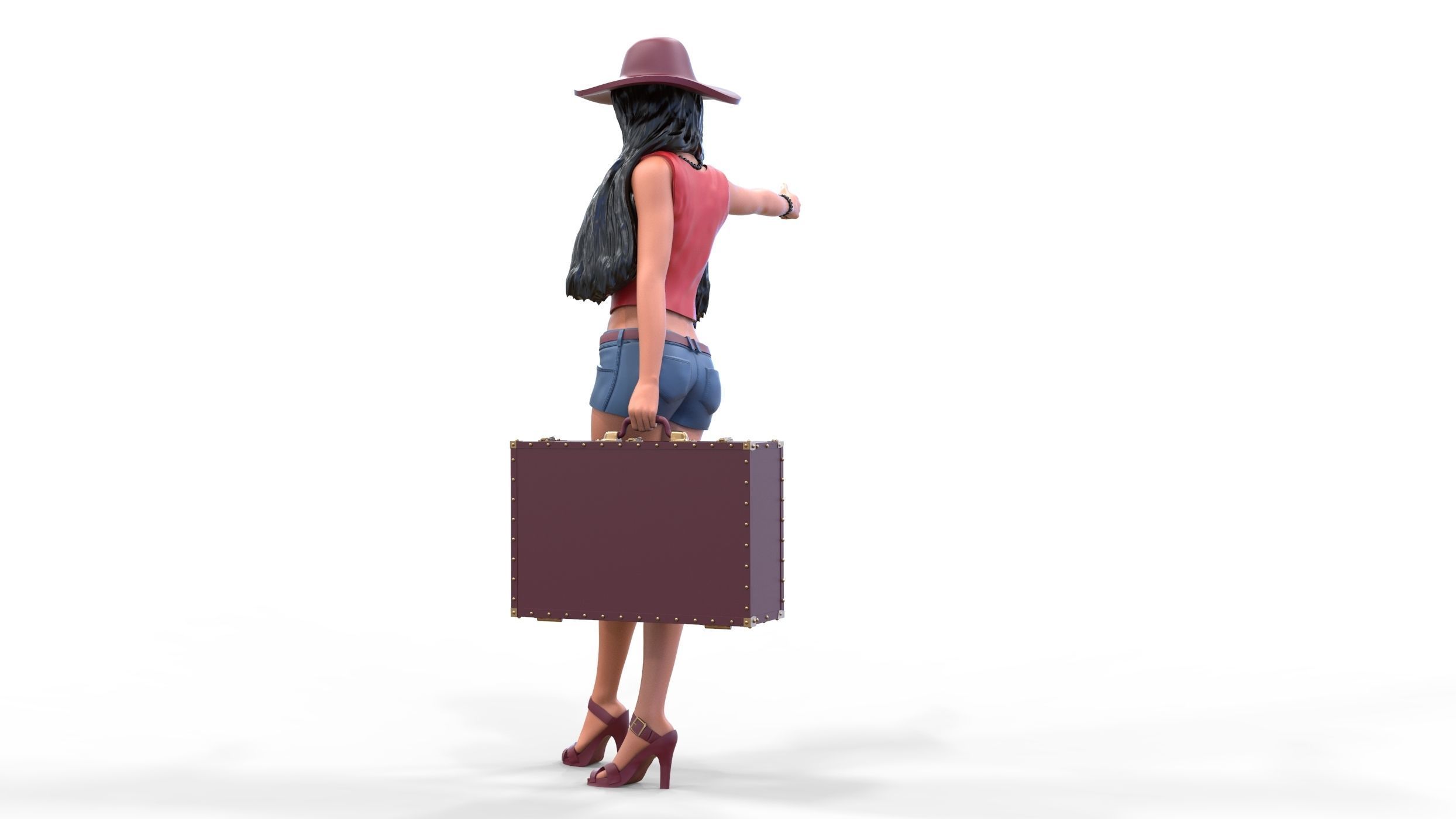 Hitchhiking Waiting Girl with old baggage  3D print model_16