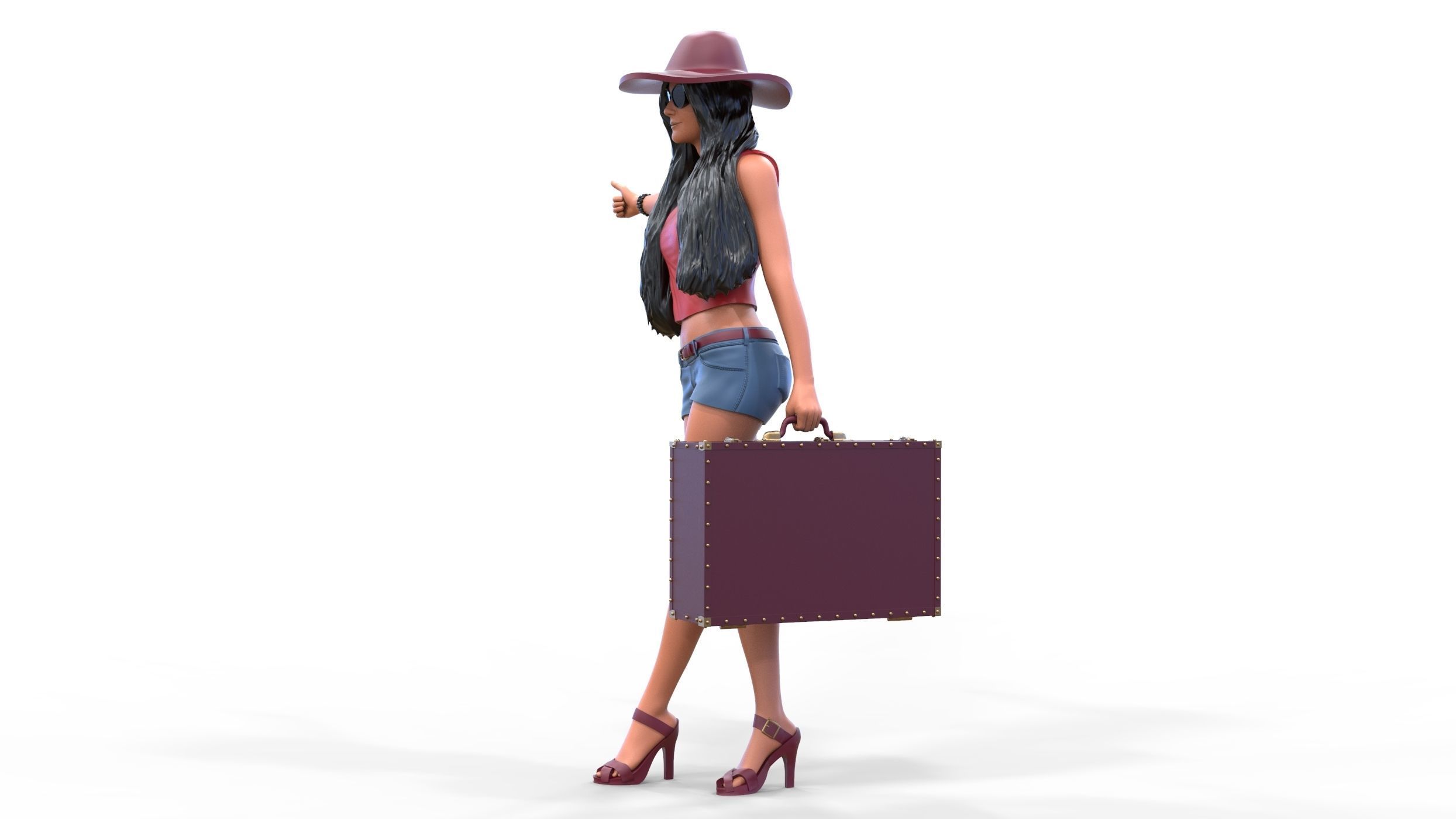 Hitchhiking Waiting Girl with old baggage  3D print model_9
