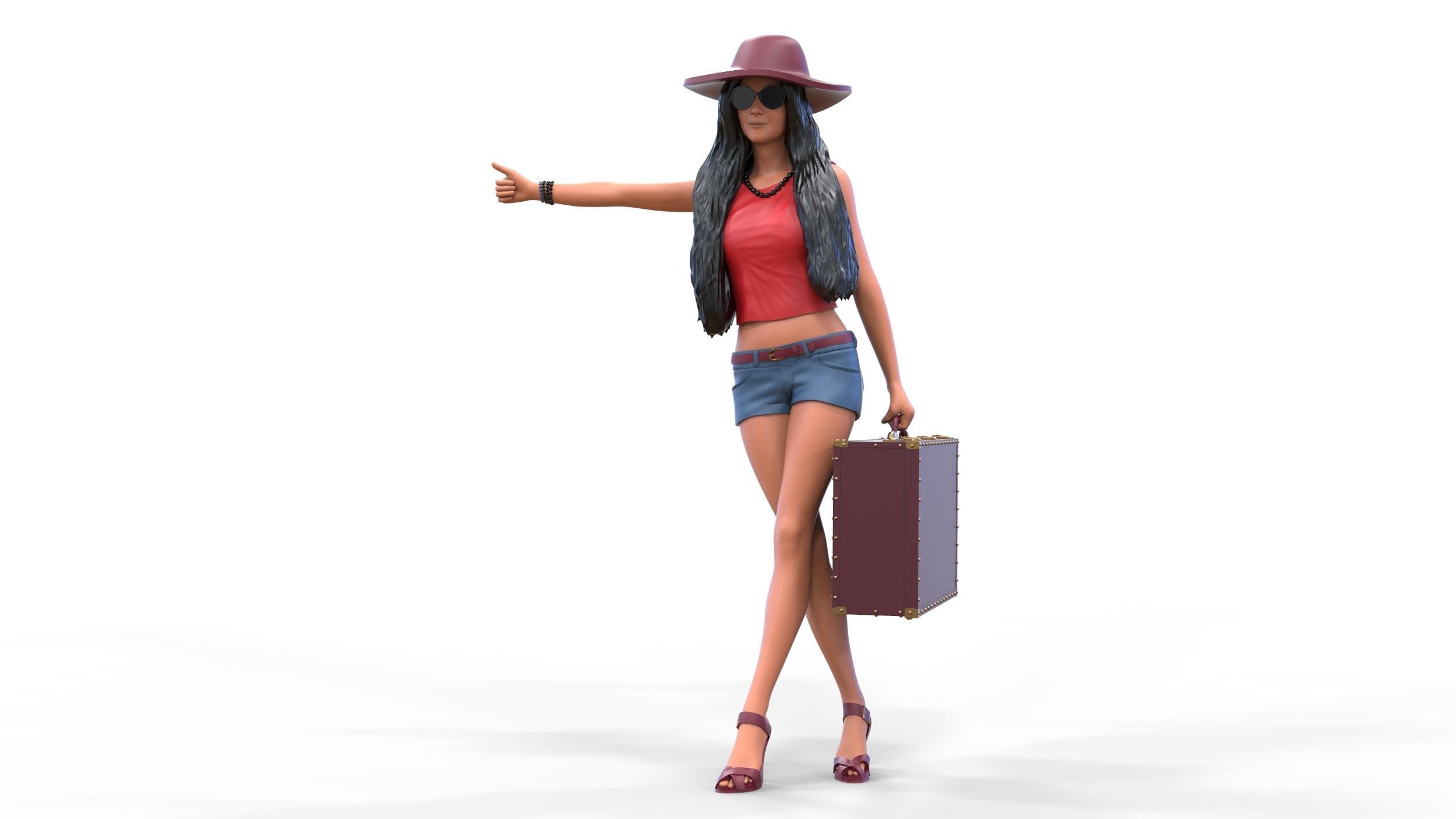 Hitchhiking Waiting Girl with old baggage  3D print model_3