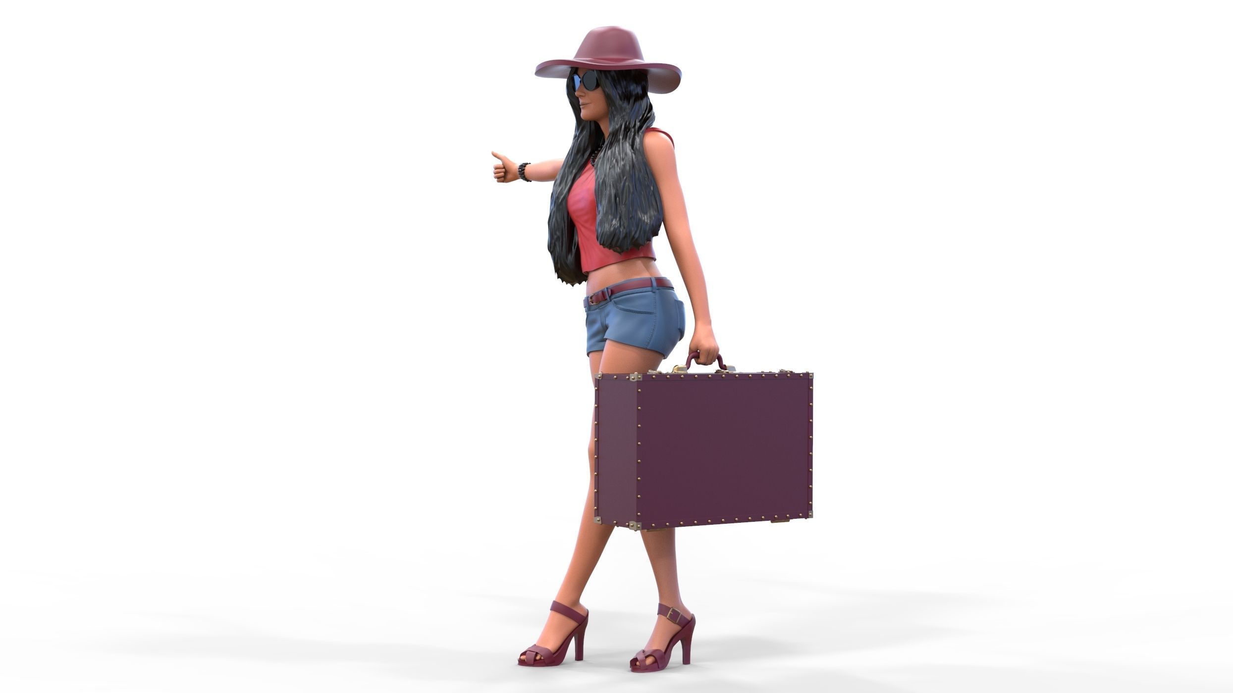 Hitchhiking Waiting Girl with old baggage  3D print model_8