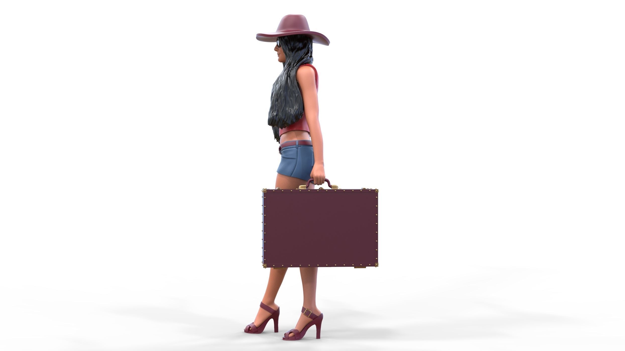 Hitchhiking Waiting Girl with old baggage  3D print model_12