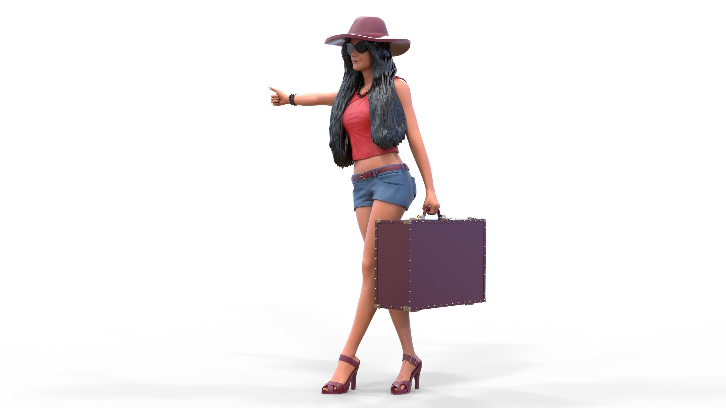 Hitchhiking Waiting Girl with old baggage  3D print model_6
