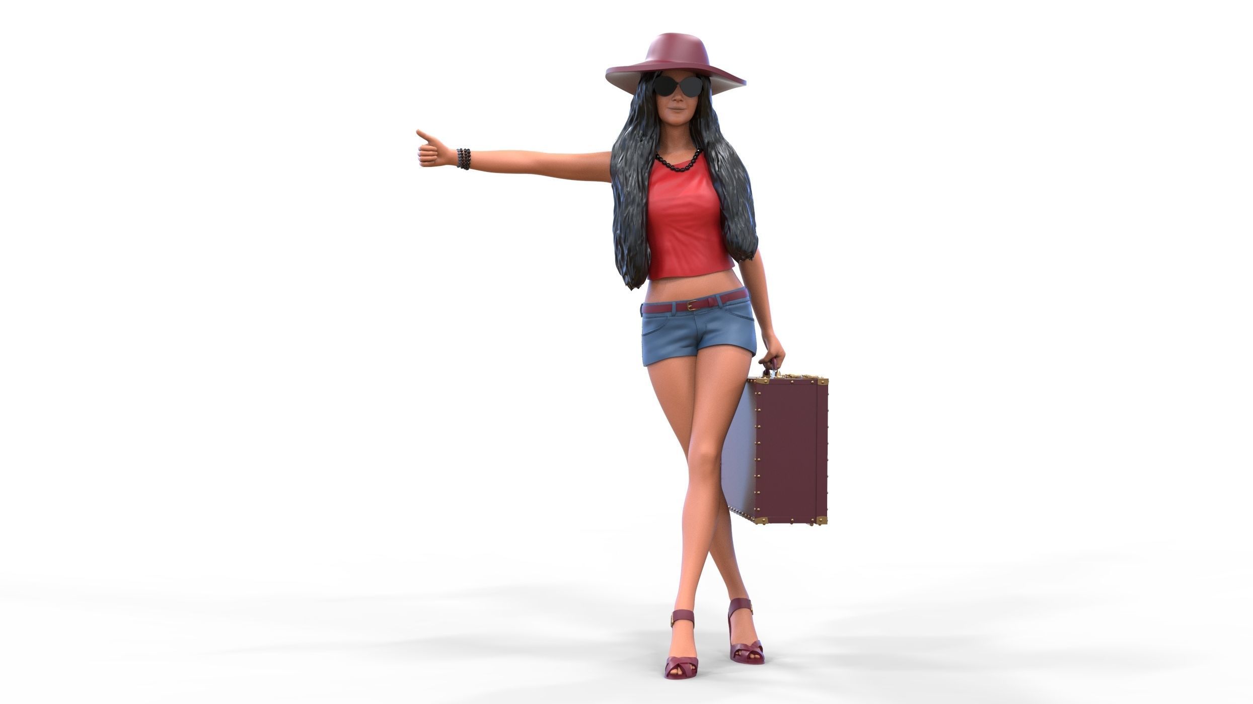 Hitchhiking Waiting Girl with old baggage  3D print model_35