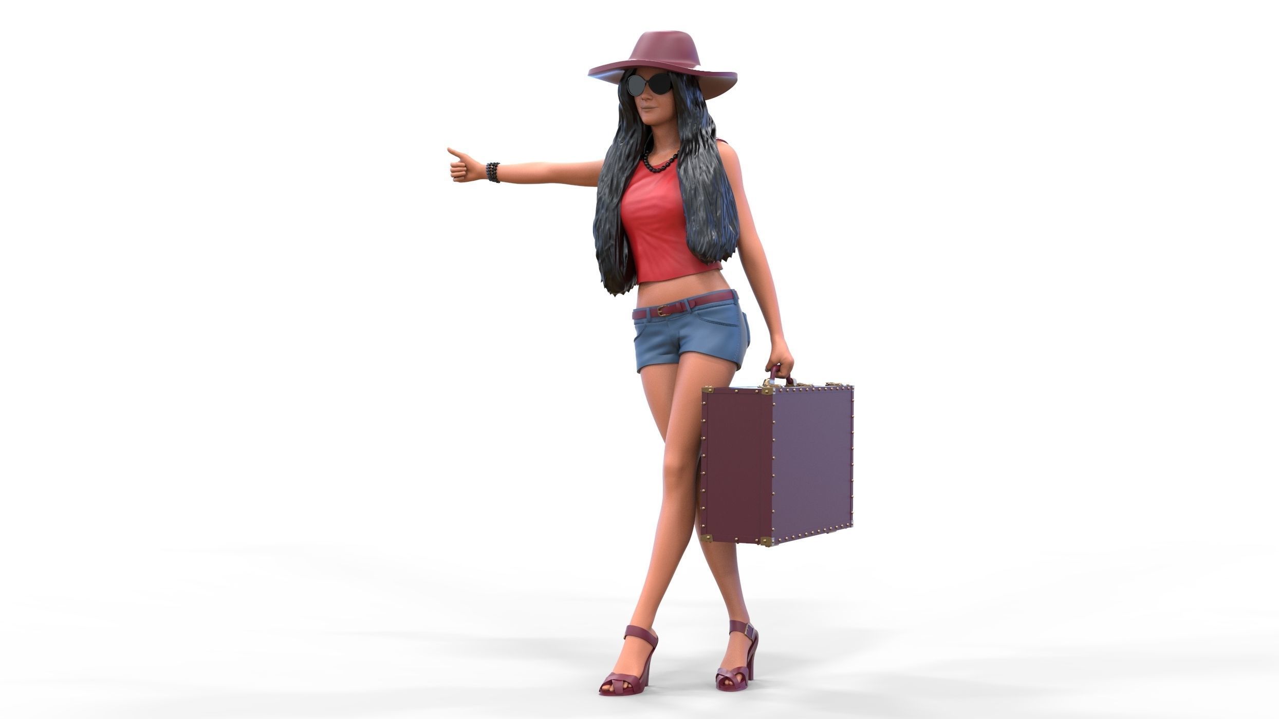 Hitchhiking Waiting Girl with old baggage  3D print model_5