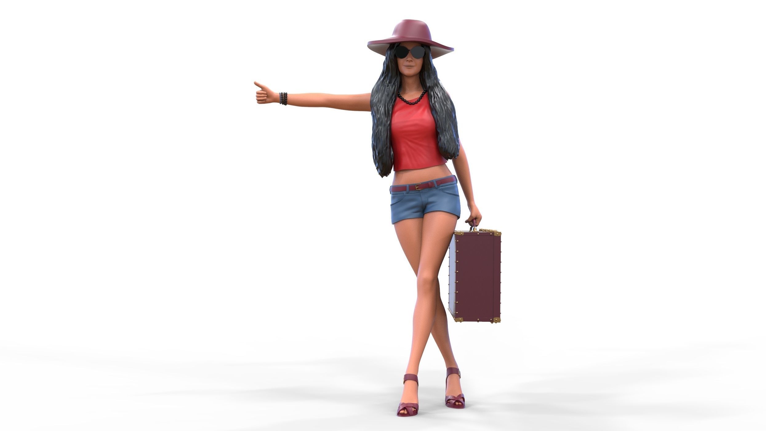 Hitchhiking Waiting Girl with old baggage  3D print model_2