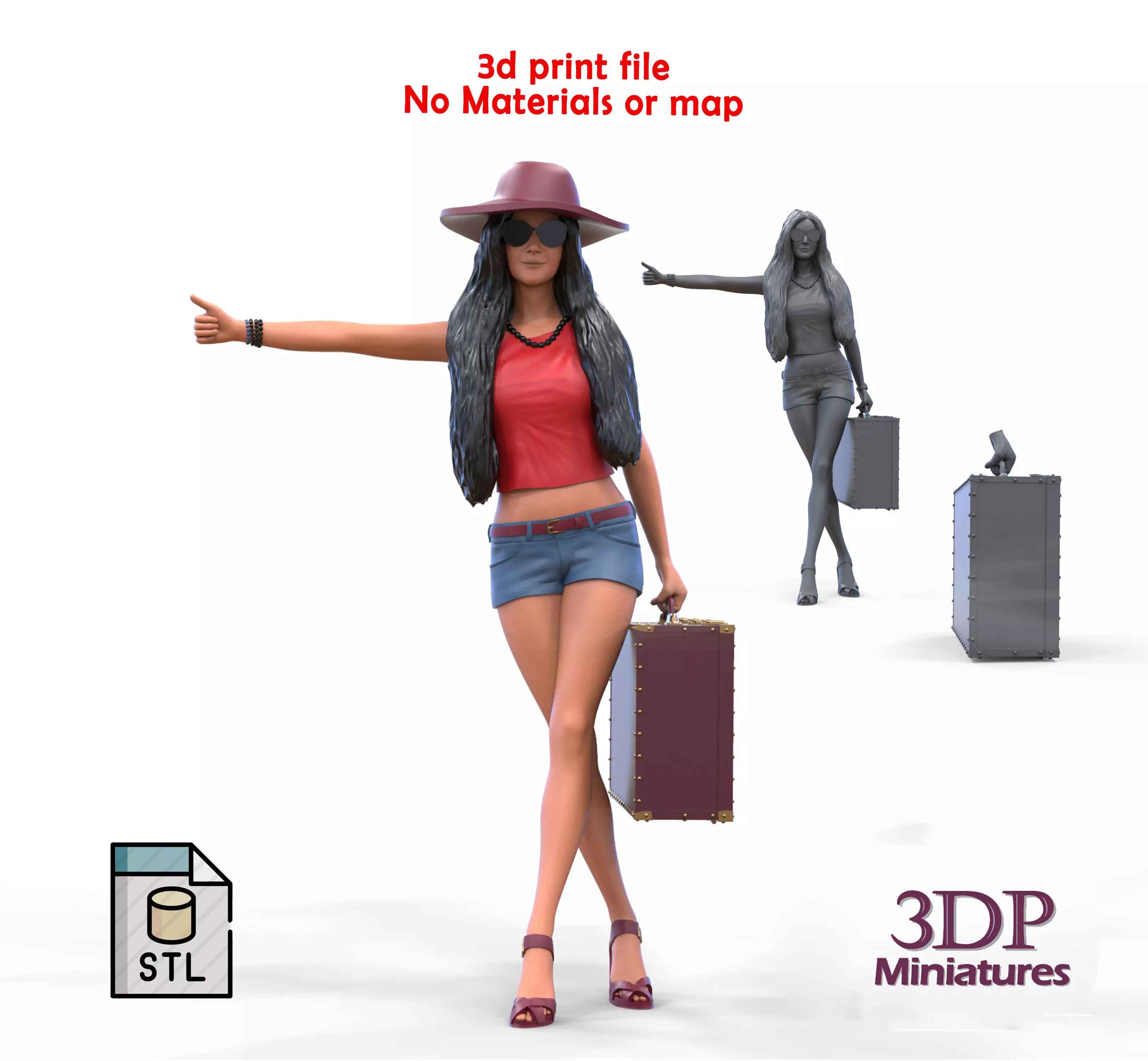 Hitchhiking Waiting Girl with old baggage  3D print model_0