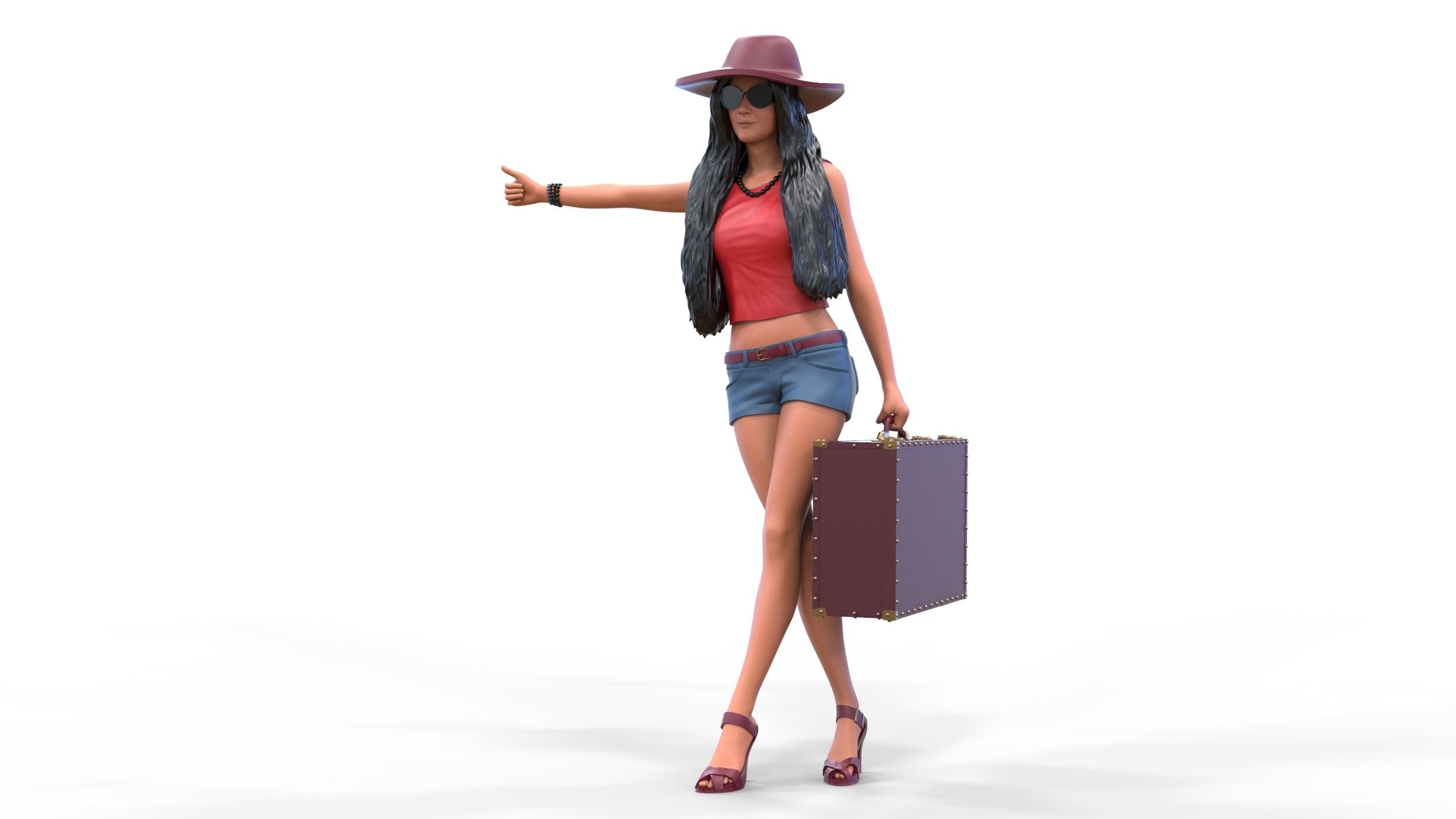 Hitchhiking Waiting Girl with old baggage  3D print model_4