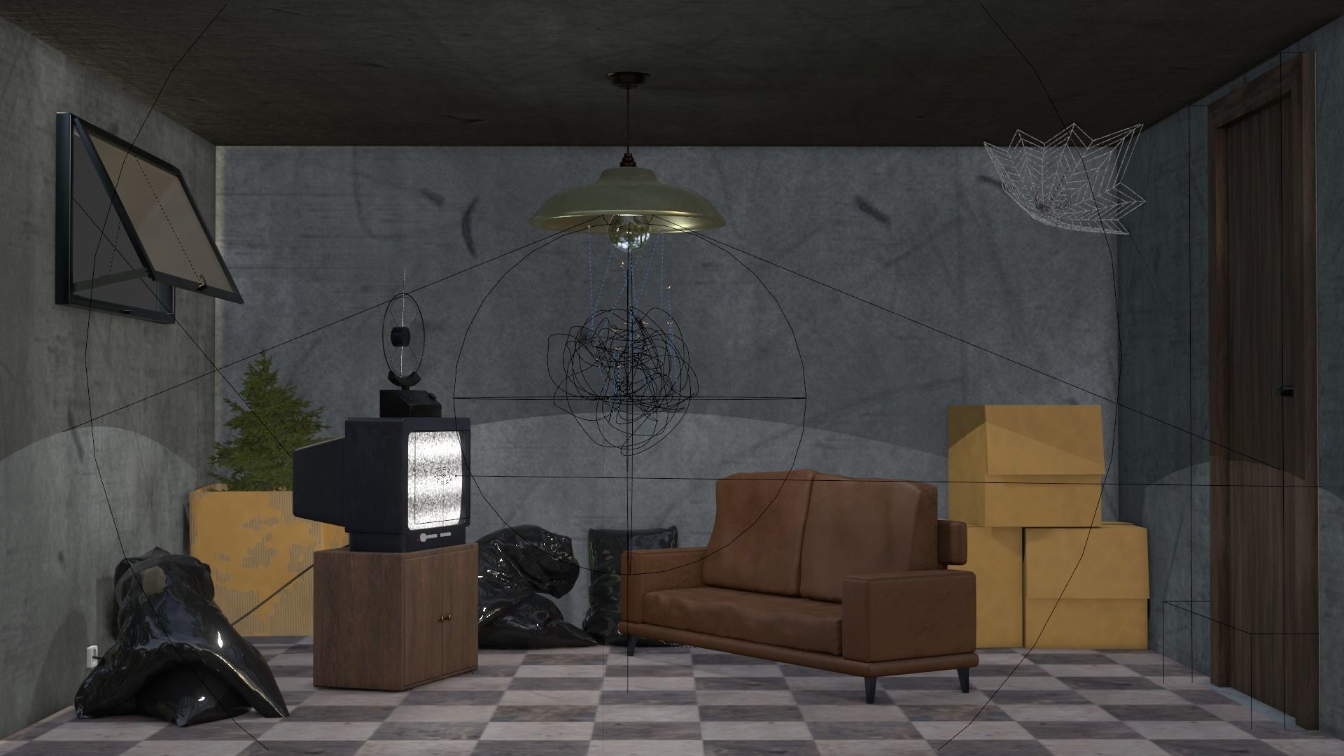 Storeroom room with lamp on wall 3D model_8