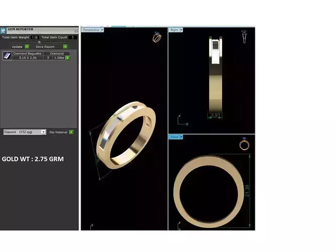 Band 3dm Render Details baguette diamond wedding ring gold