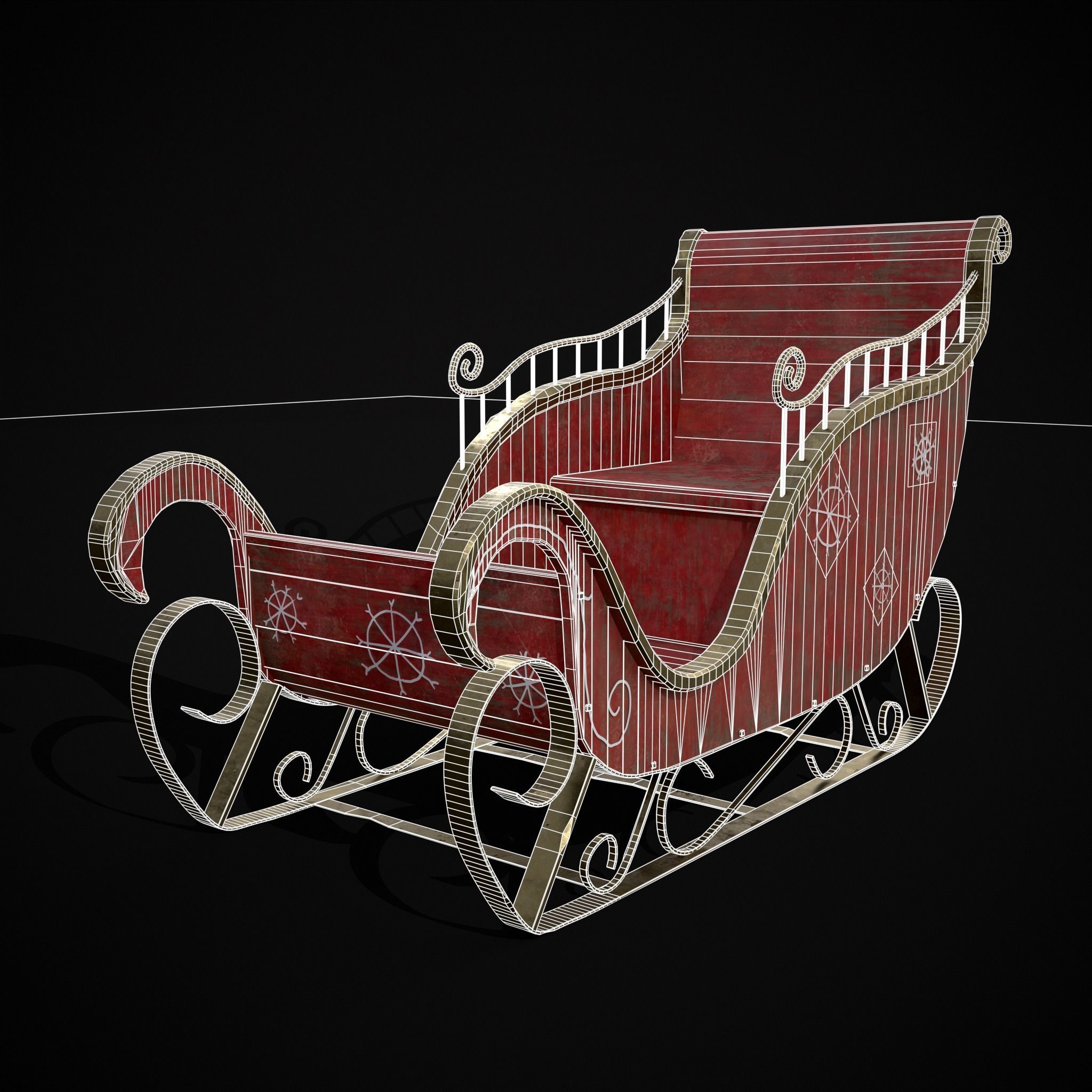 Childrens Red Winter Sleigh Low-poly 3D model_26