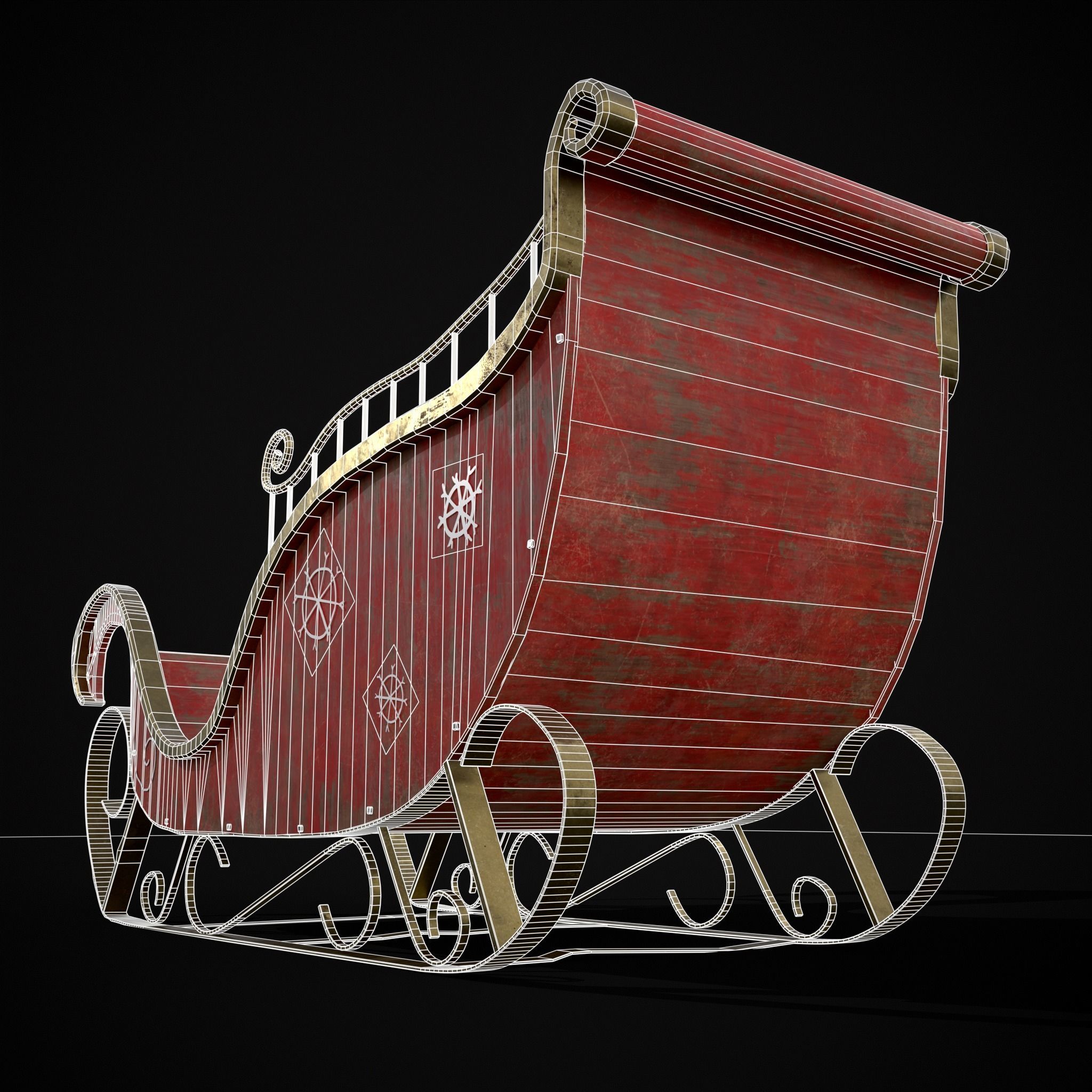 Childrens Red Winter Sleigh Low-poly 3D model_34