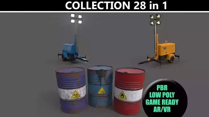 PBR Mobile Light Tower Generator and Oil Drum 3D Model Collection