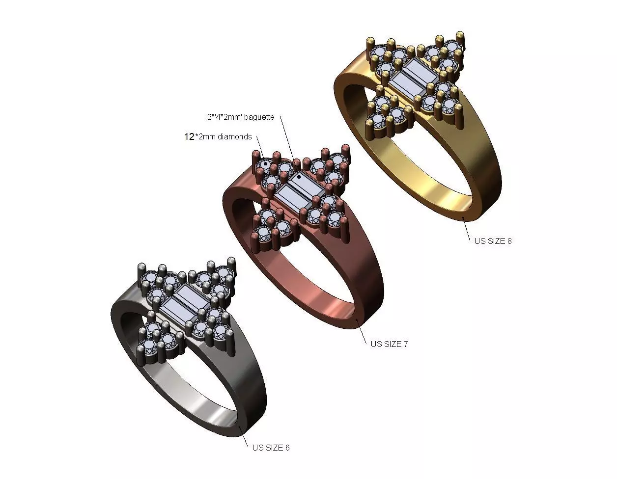 Baguette and diamond cluster crowns ring US sizes 6 7 8 3D print model_0