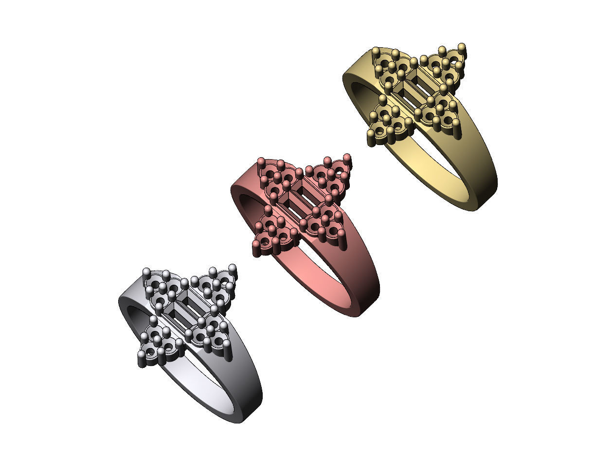 Baguette and diamond cluster crowns ring US sizes 6 7 8 3D print model_5