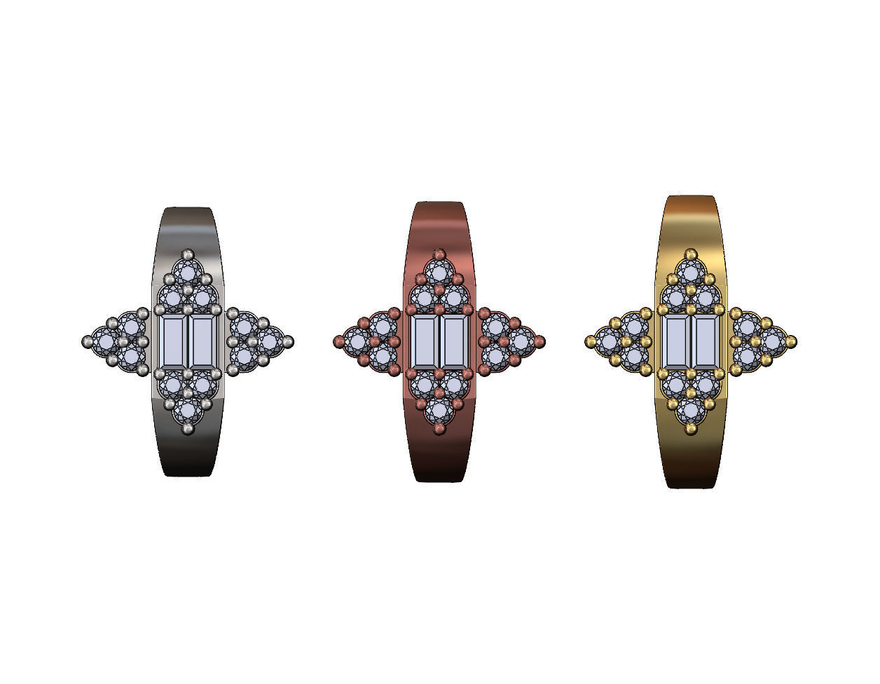 Baguette and diamond cluster crowns ring US sizes 6 7 8 3D print model_1