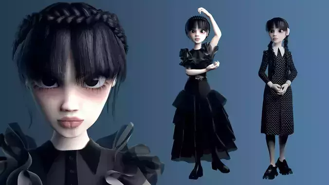 Wednesday Addams LowPoly Pack of Two Rigged 3D Models 