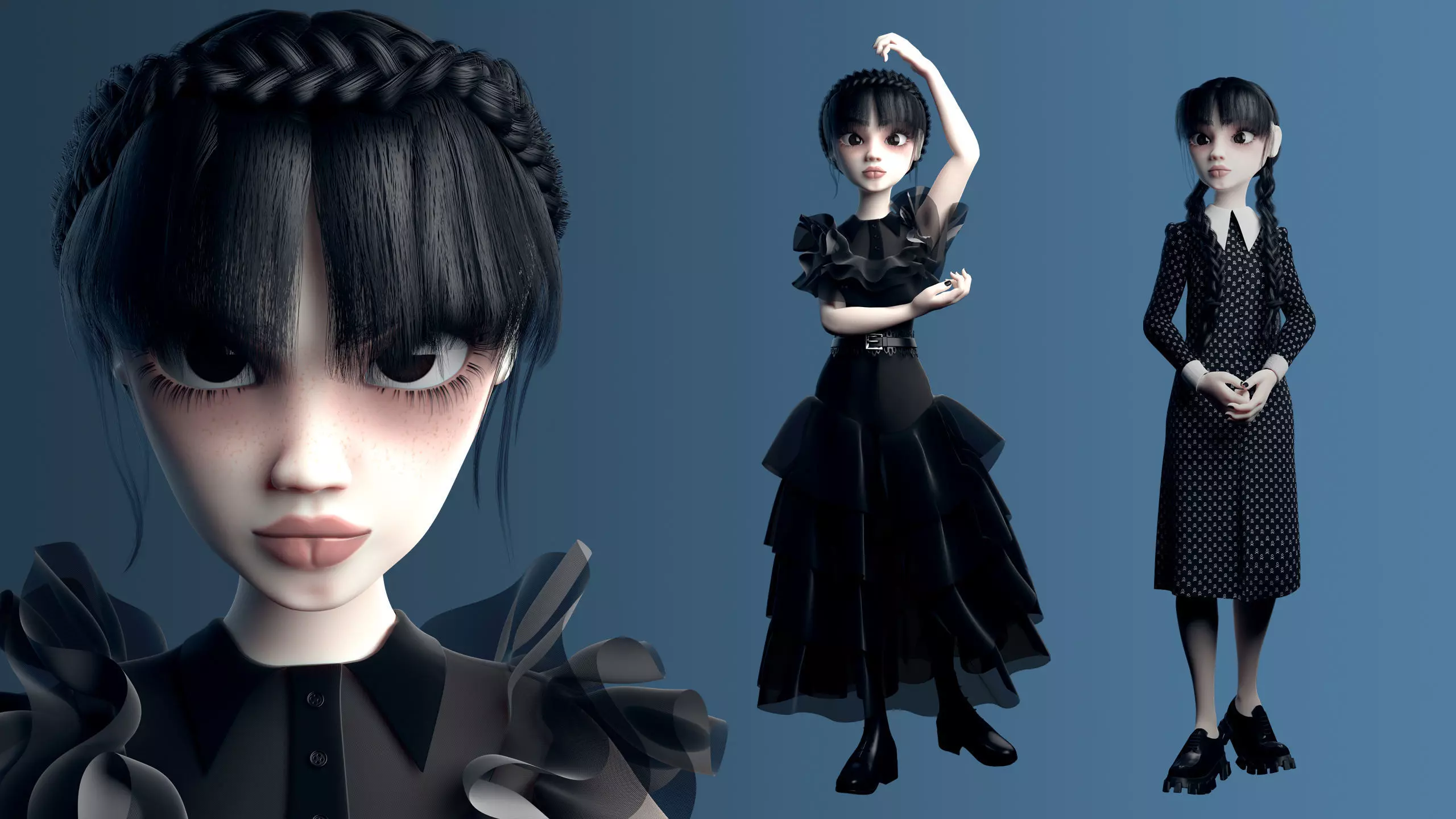 Wednesday Addams LowPoly Pack of Two Rigged 3D Models Low-poly 3D model_0