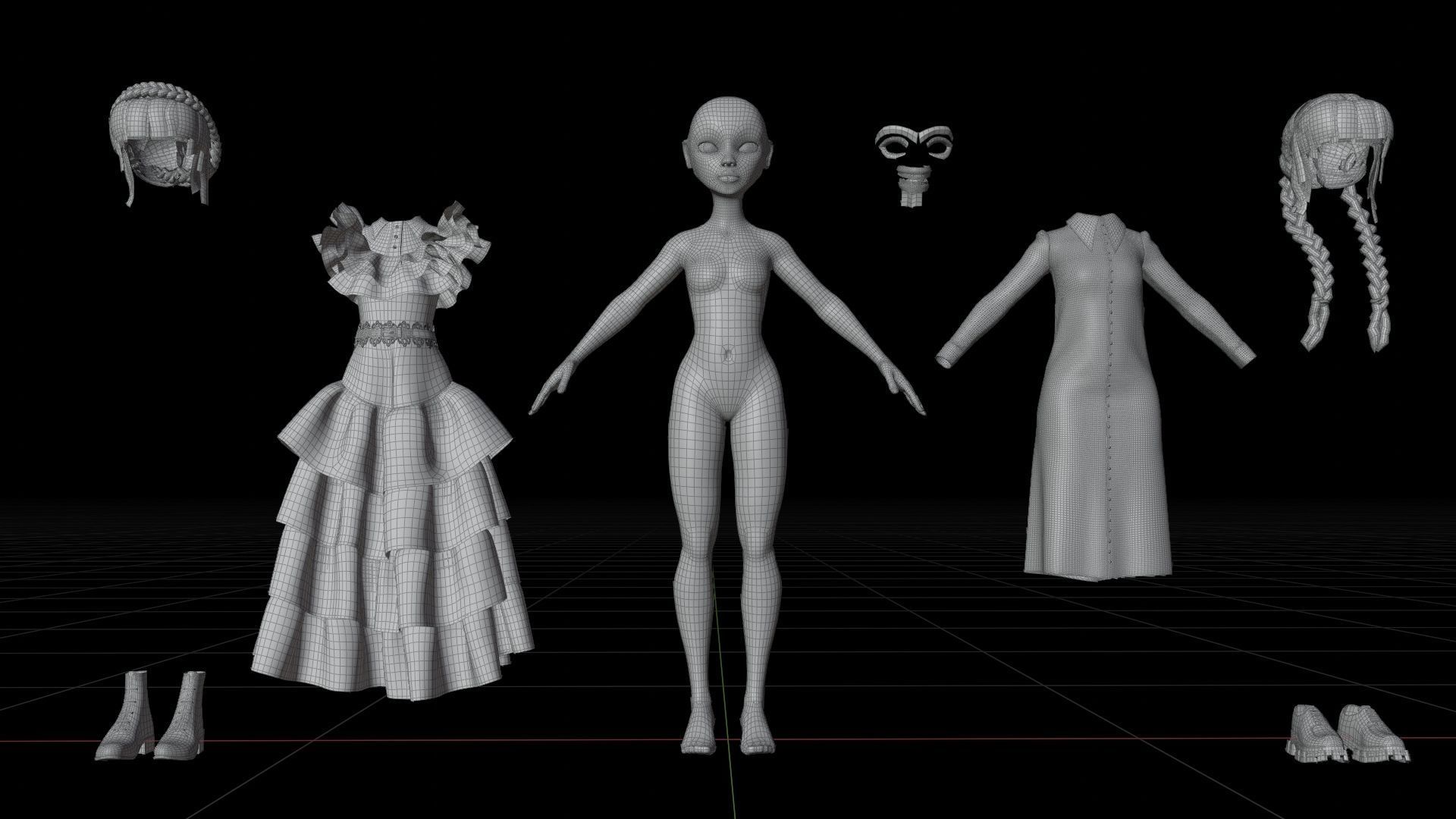 Wednesday Addams LowPoly Pack of Two Rigged 3D Models Low-poly 3D model_30