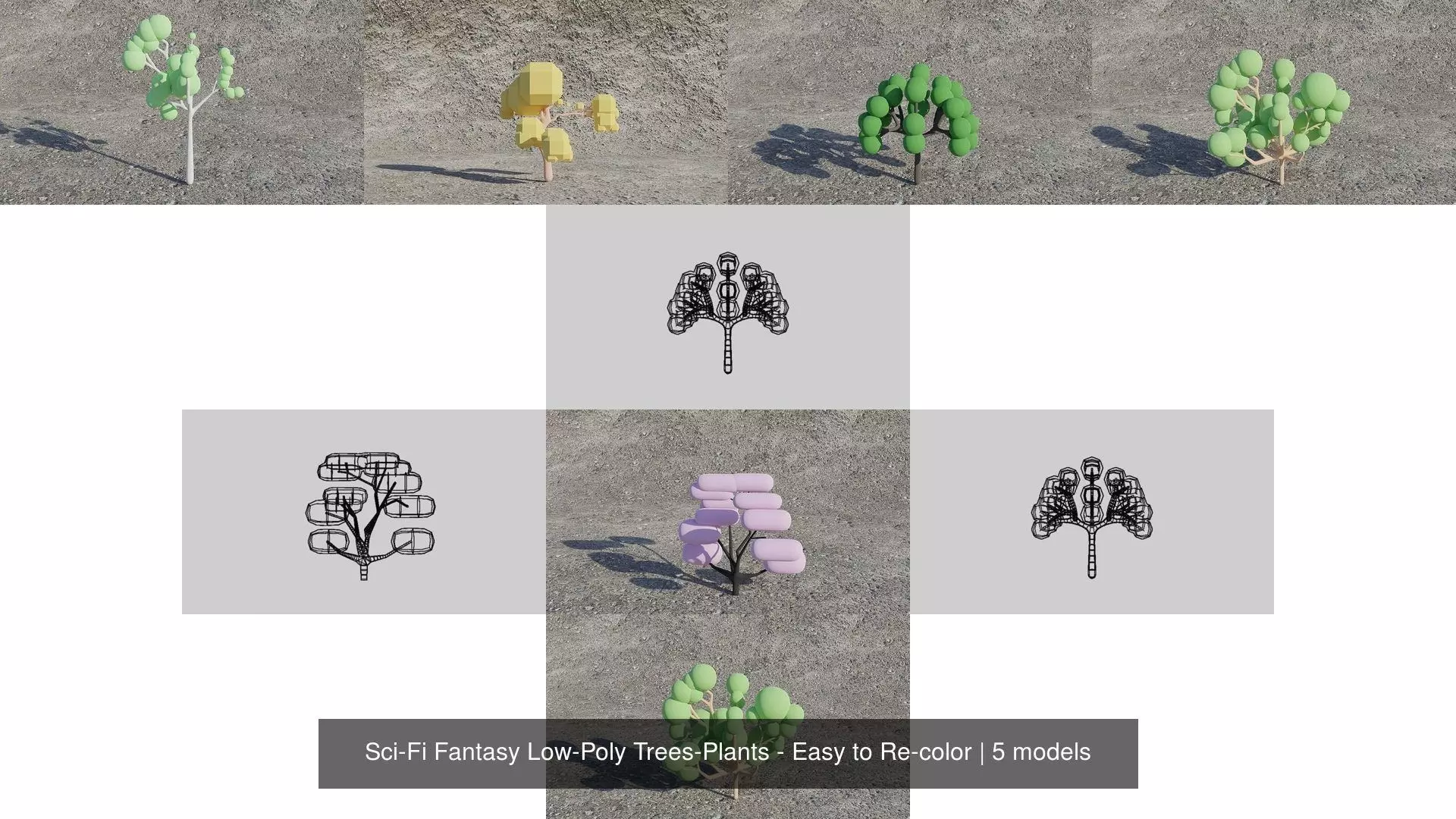 Sci-Fi Fantasy Low-Poly Trees-Plants - Easy to Re-color 3D Model Collection_1