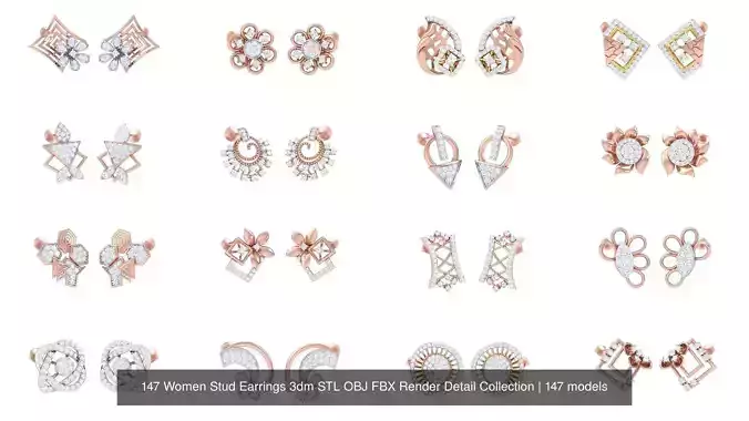 147 Women Stud Earrings 3dm STL OBJ FBX Render Detail Collection 