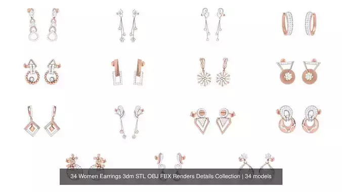 34 Women Earrings 3dm STL OBJ FBX Renders Details Collection 