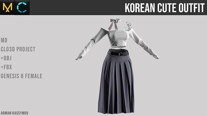 Korean Cute Outfit Marvelous Designer Project OBJ FBX 3D model