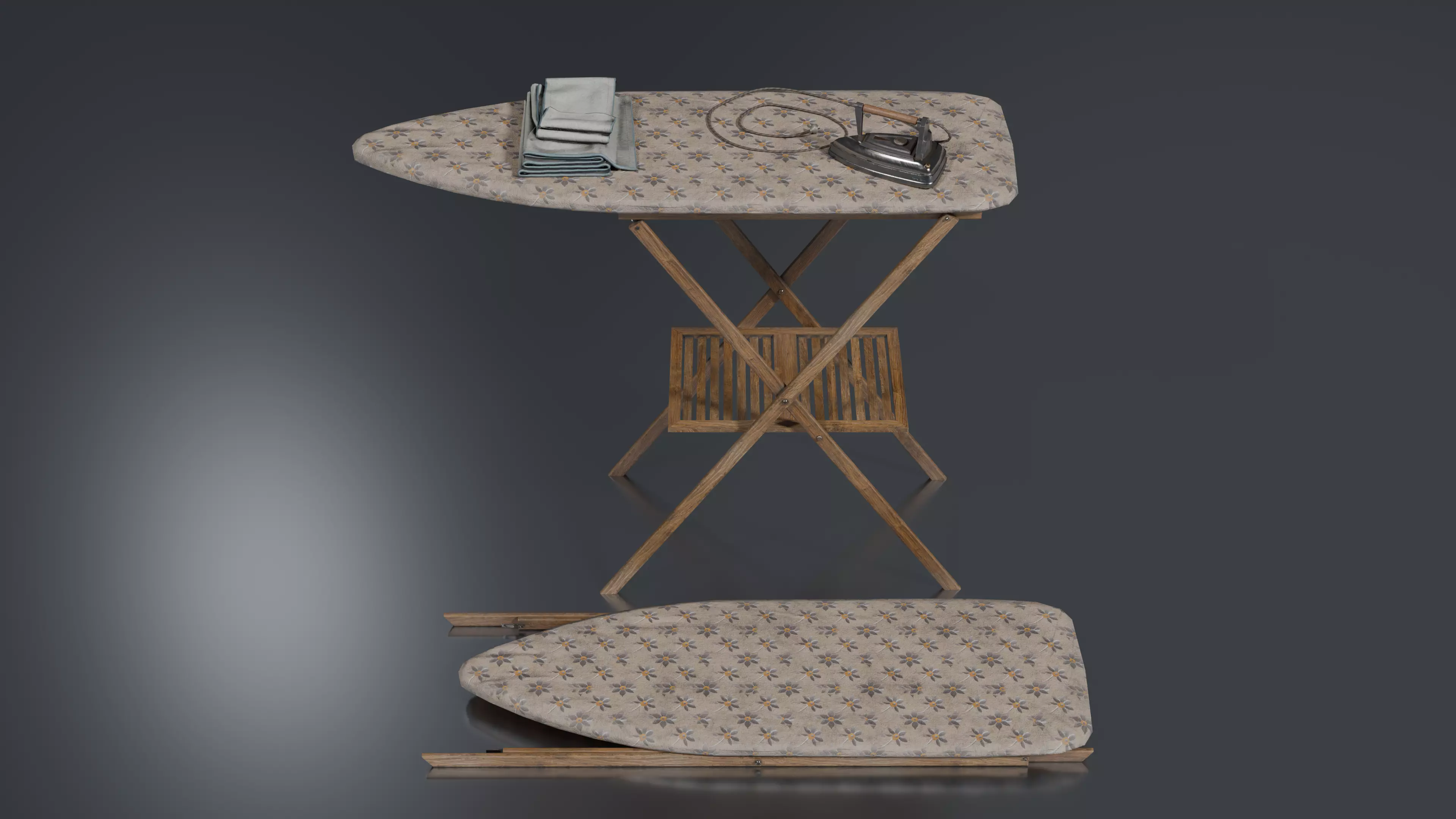 Vintage Ironing Table And Iron Low-poly 3D model