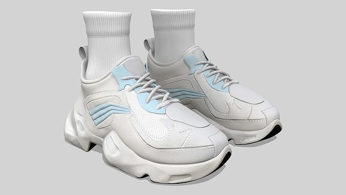 Men White Sports Shoes With Socks Low-poly 3D model