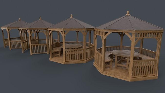 PBR Wooden Pergola Gazebo E3 Low-poly 3D model 3