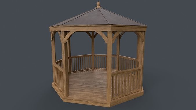 PBR Wooden Pergola Gazebo E3 Low-poly 3D model 6