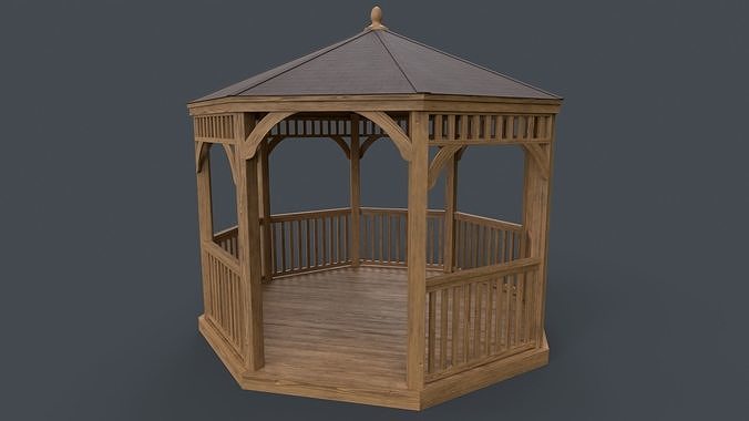 PBR Wooden Pergola Gazebo E3 Low-poly 3D model 7