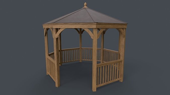 PBR Wooden Pergola Gazebo E3 Low-poly 3D model 4