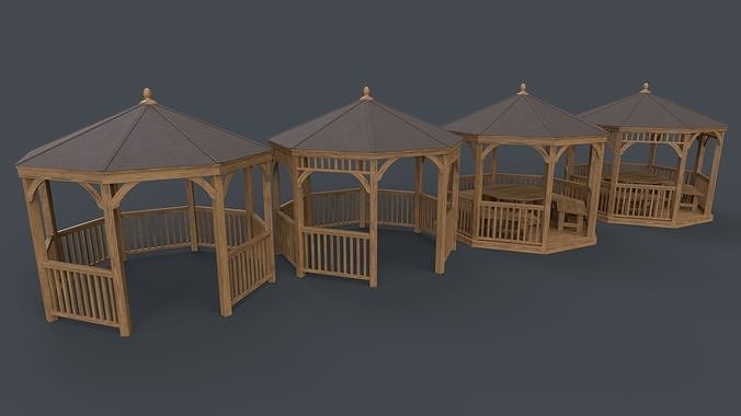 PBR Wooden Pergola Gazebo E3 Low-poly 3D model 2