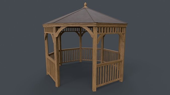 PBR Wooden Pergola Gazebo E3 Low-poly 3D model 5
