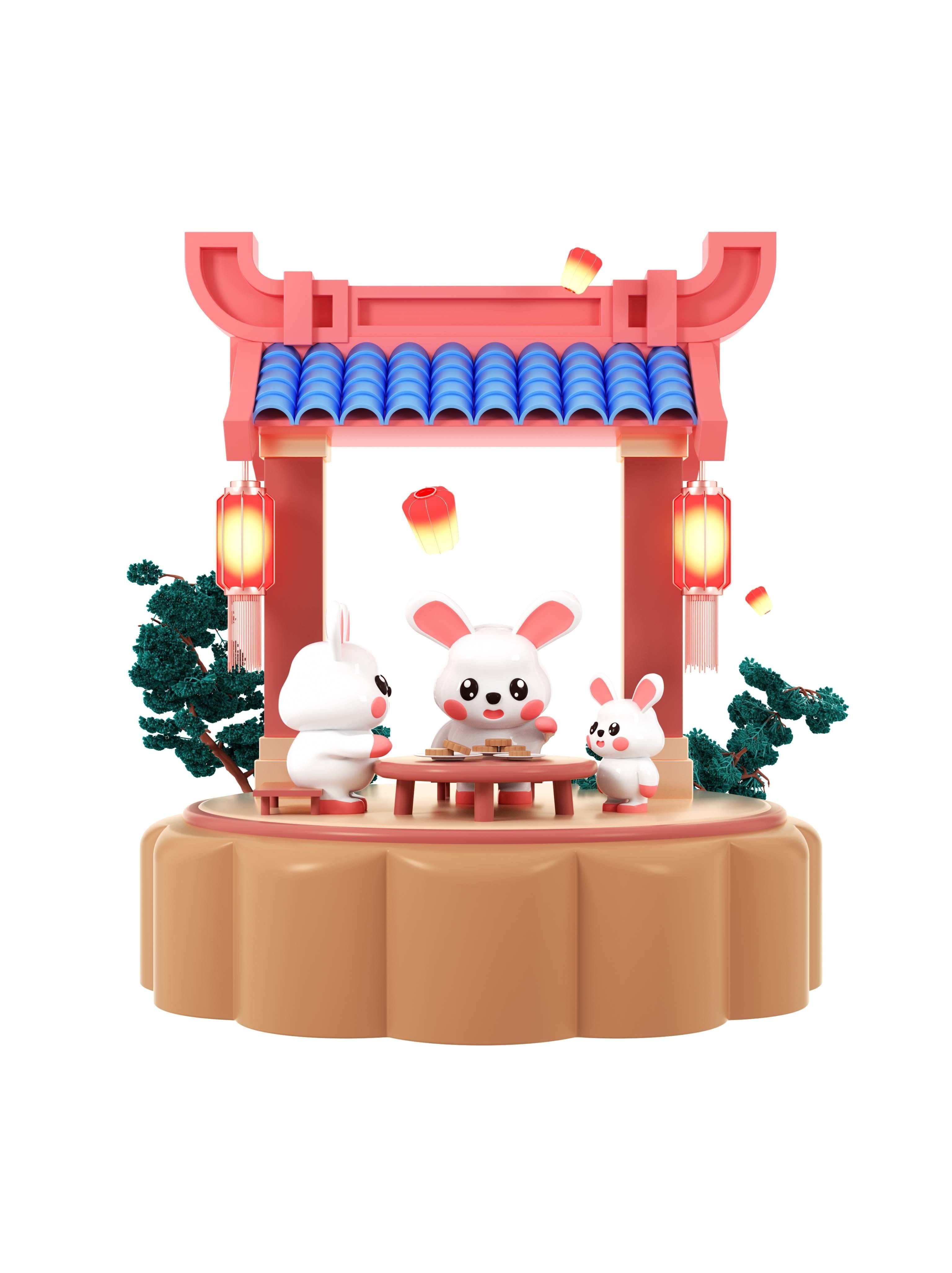 Moon cake white rabbit scene of the Mid-Autumn Festival 3D model | CGTrader