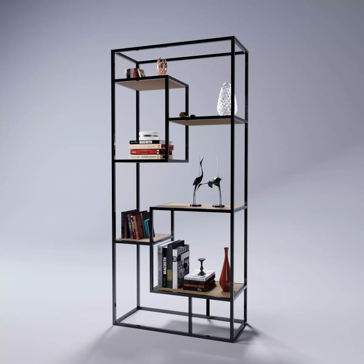bookshelf bookcase with shelves and books Low-poly 3D model_0