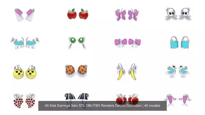 40 Kids Earrings 3dm STL OBJ FBX Renders Details Collection