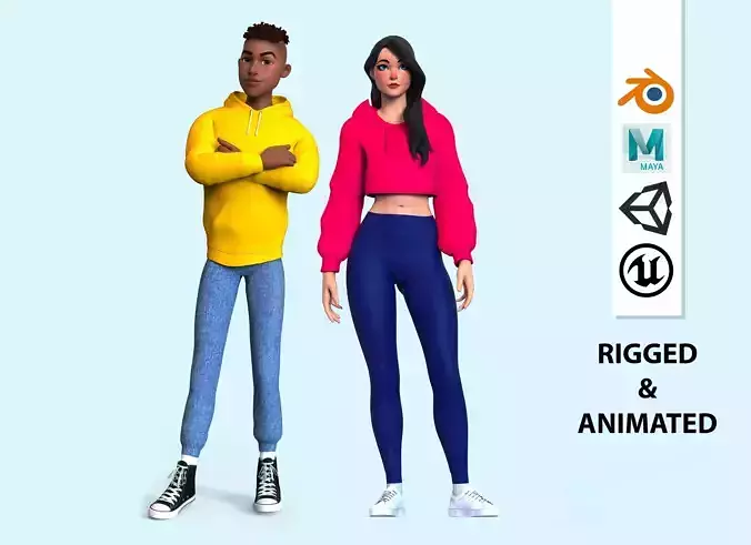 cartoon character Boy and Girl Low-poly 3D model