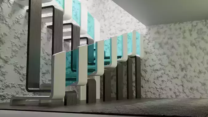 Design Staircase with wooden and plastic steps and glass inserts