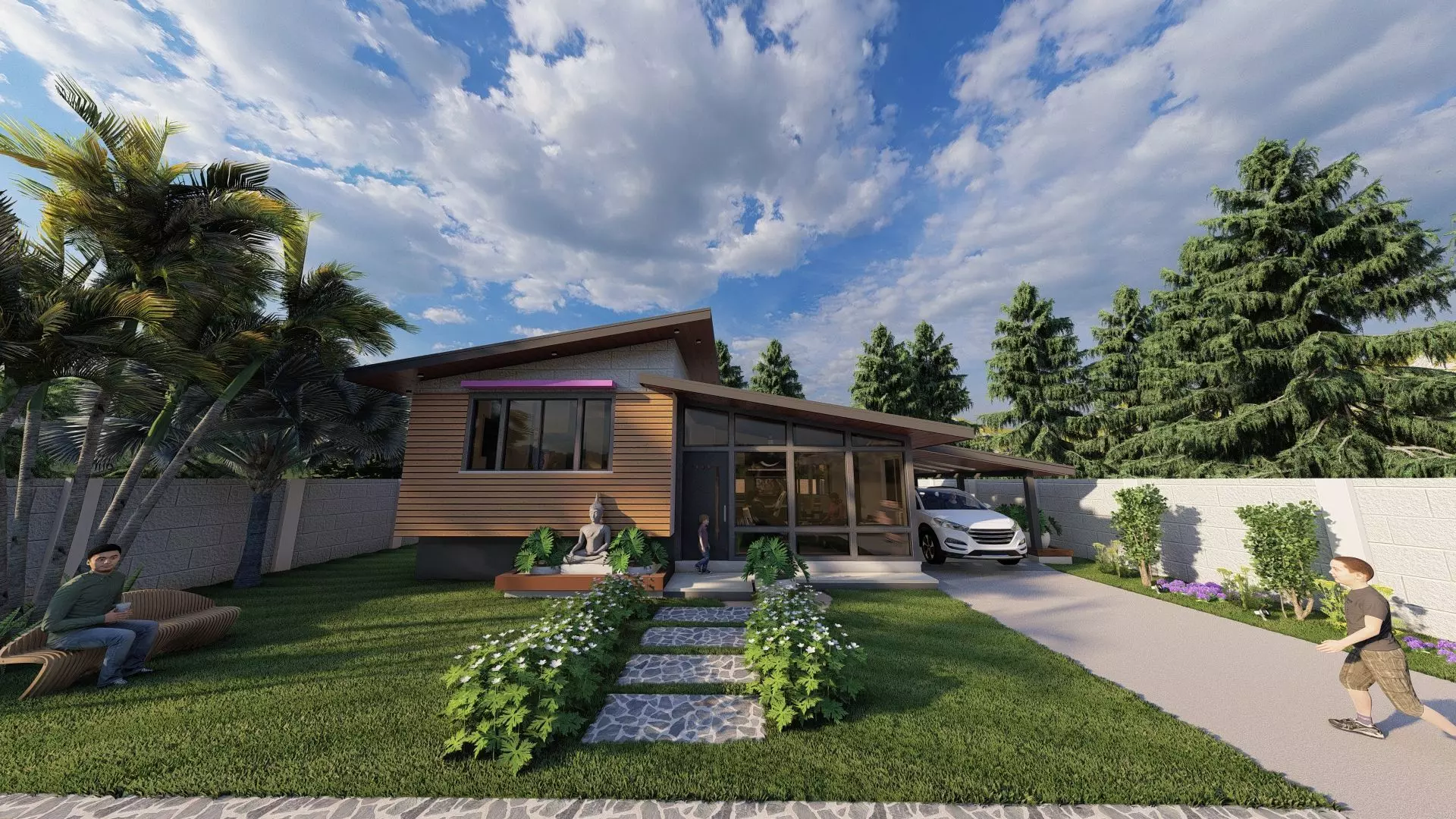 Modern Bungalow House Single Storey 3D model_0