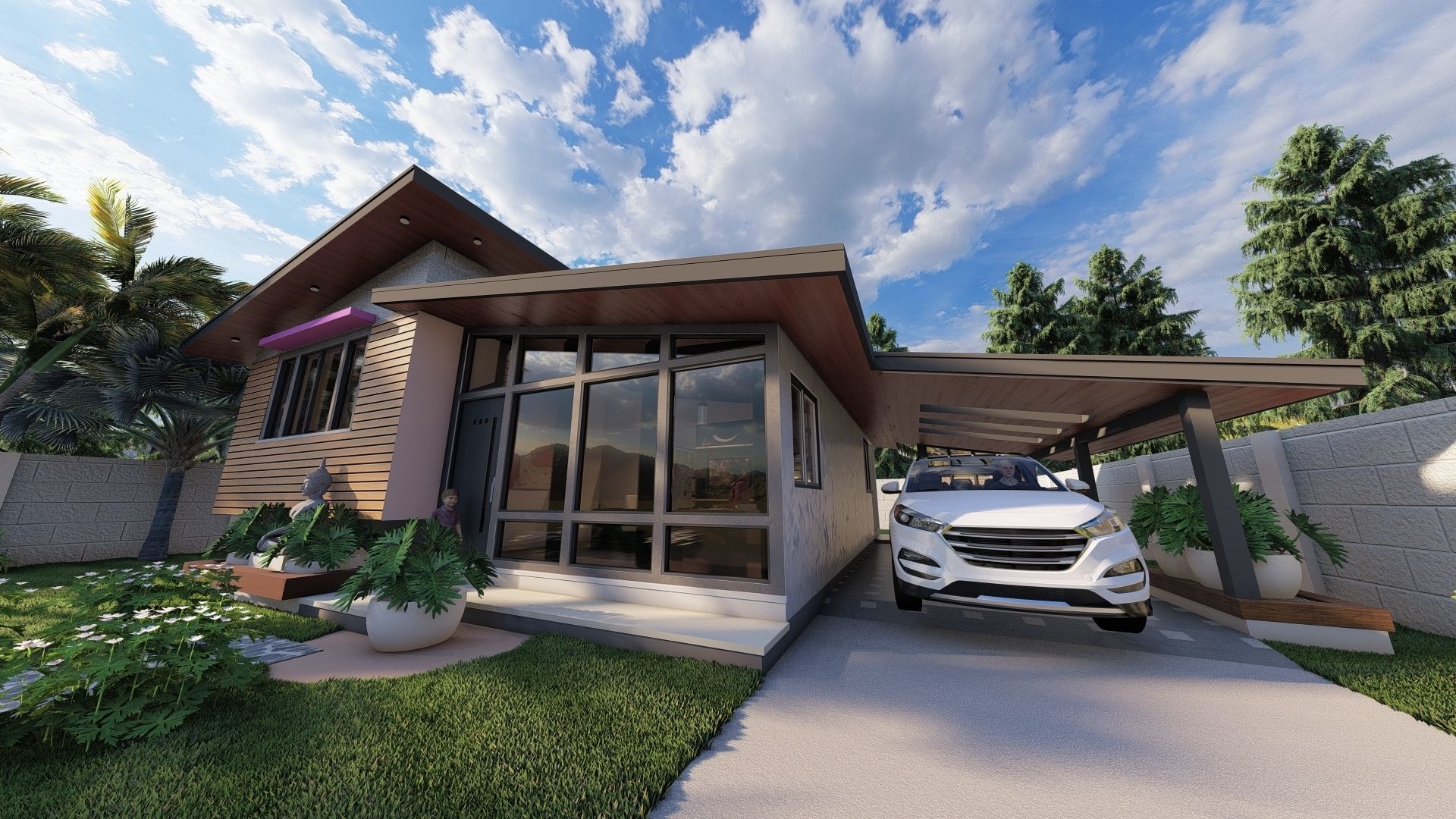 Modern Bungalow House Single Storey 3D model_1