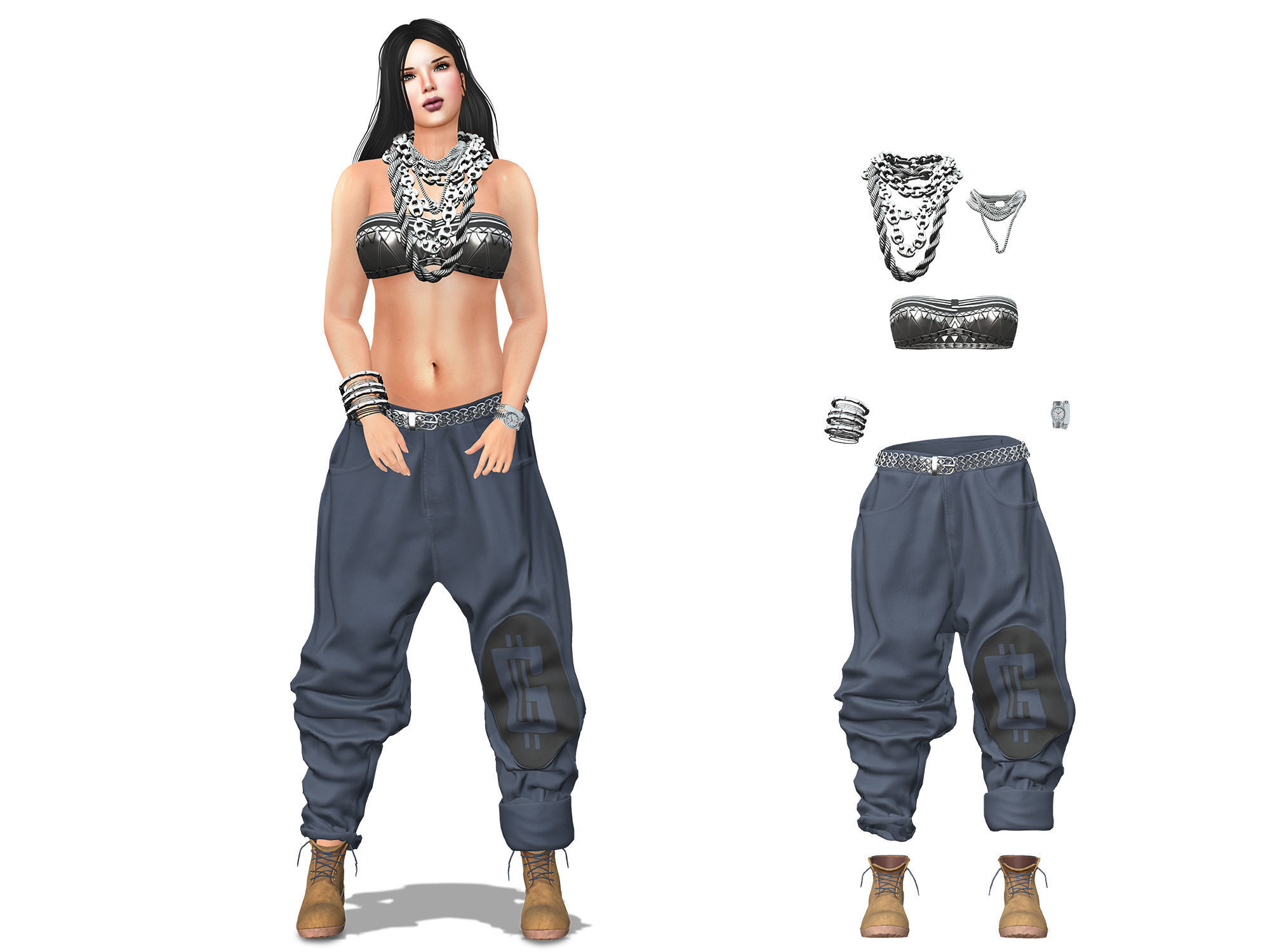 Full Female Rapper Outfit Low-poly 3D model_2