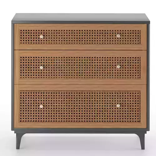 3-Drawer Woven Cane Front Accent Chest with Brass Knobs