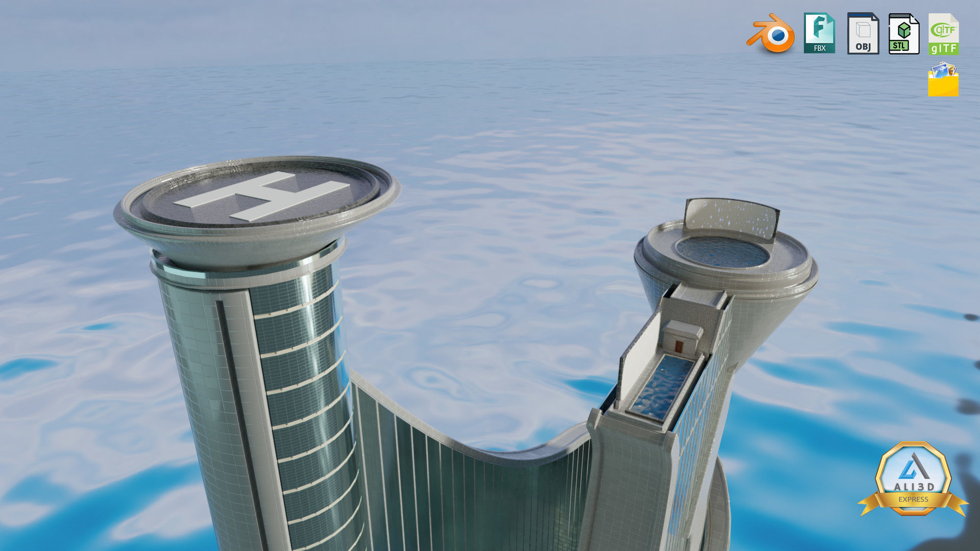 Stylized Dynamic Twin Tower Futuristic Building 3D model_8