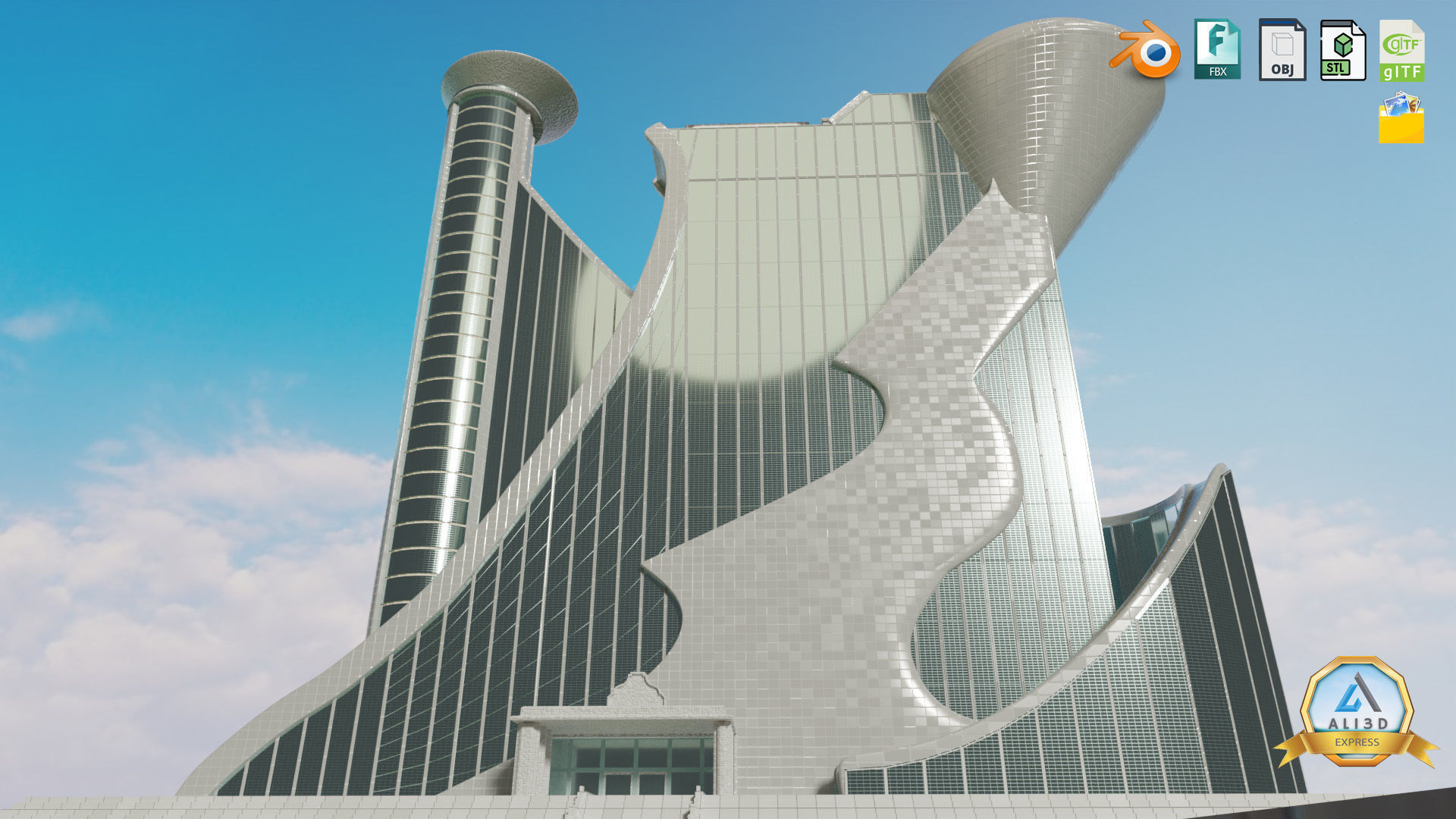Stylized Dynamic Twin Tower Futuristic Building 3D model_1