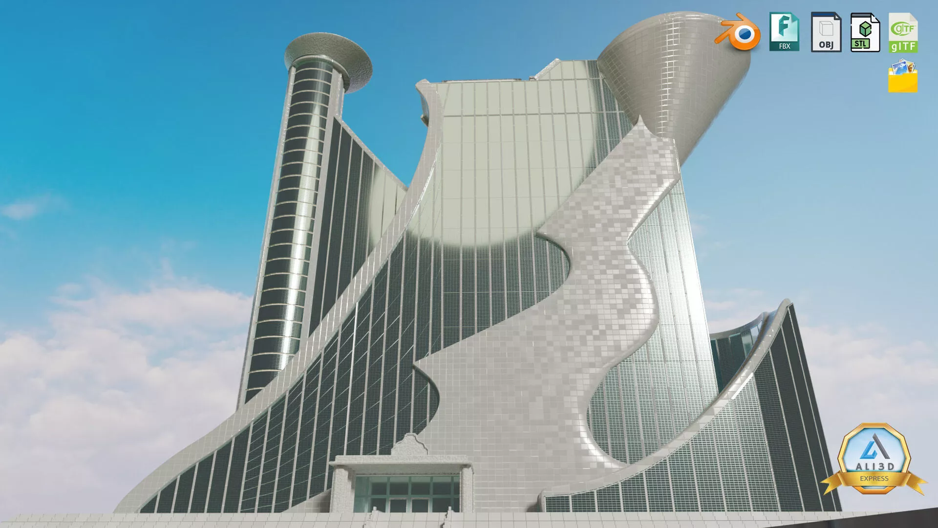 Stylized Dynamic Twin Tower Futuristic Building 3D model